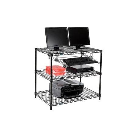 Global Equipment Nexel 3-Shelf Wire Computer LAN Workstation with Keyboard Tray, 36"W x 24"D x 34"H, Black 695364BK